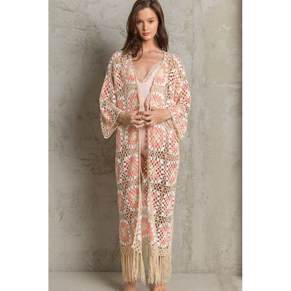 POL Kauai Crochet Long Tie Cardigan in Blush Beige FST317A - Picture 6 of 8